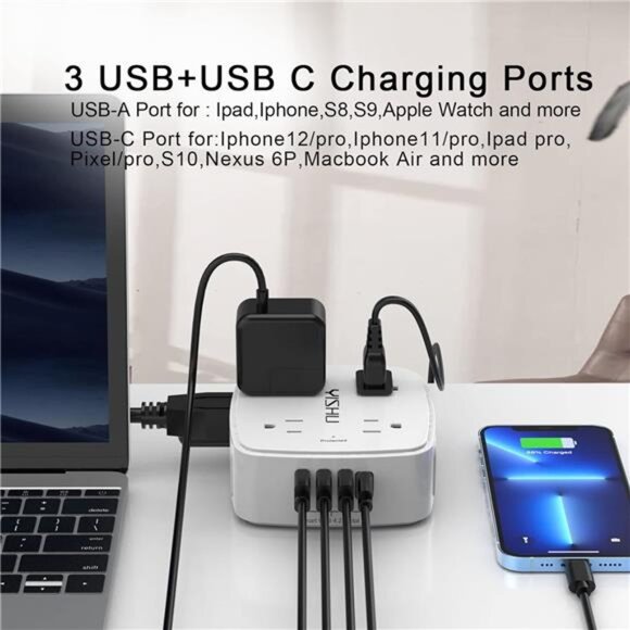 6 Ft Surge Protector Power Strip - 8 Widely Outlets with 4 USB Ports, 3 Side - Picture 5 of 8